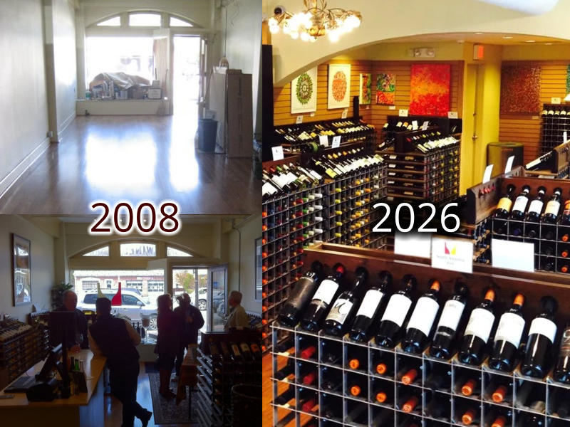 Side-by-side before-and-after comparison of Vintology's empty 2008 storefront build-out and its fully stocked wine racks in 2026